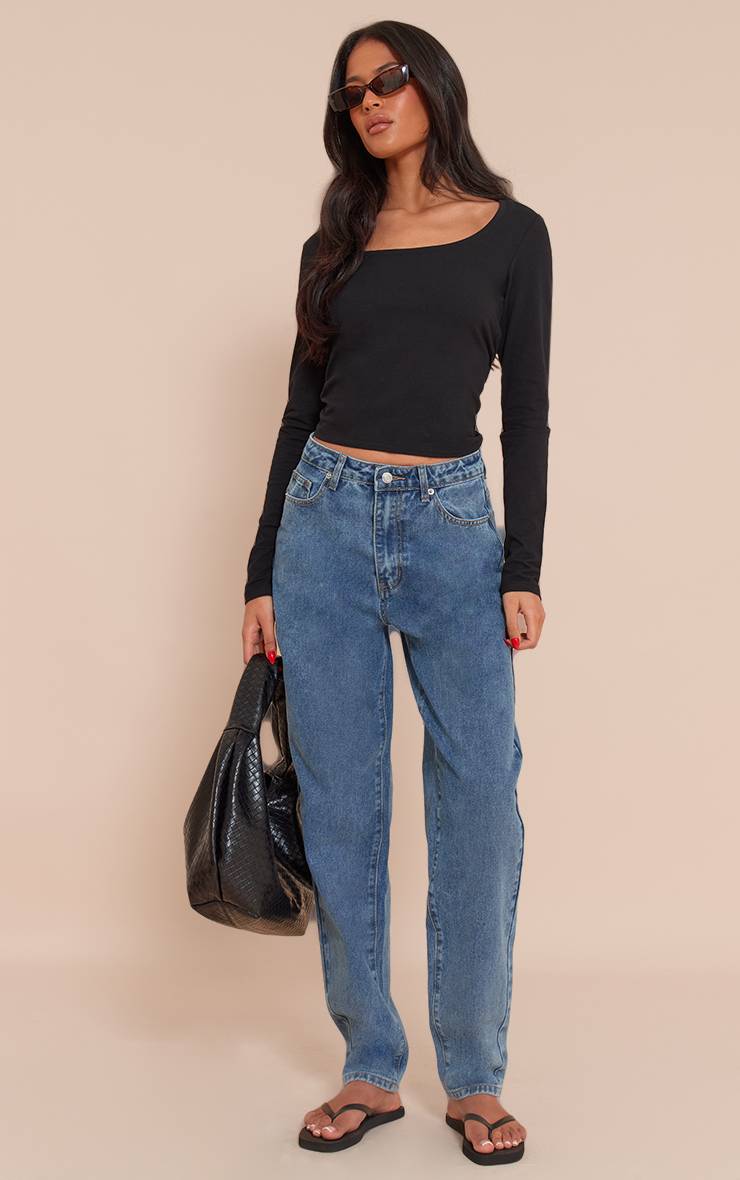 Mid Blue Wash Jean Mom Taille Haute Coupe Longue