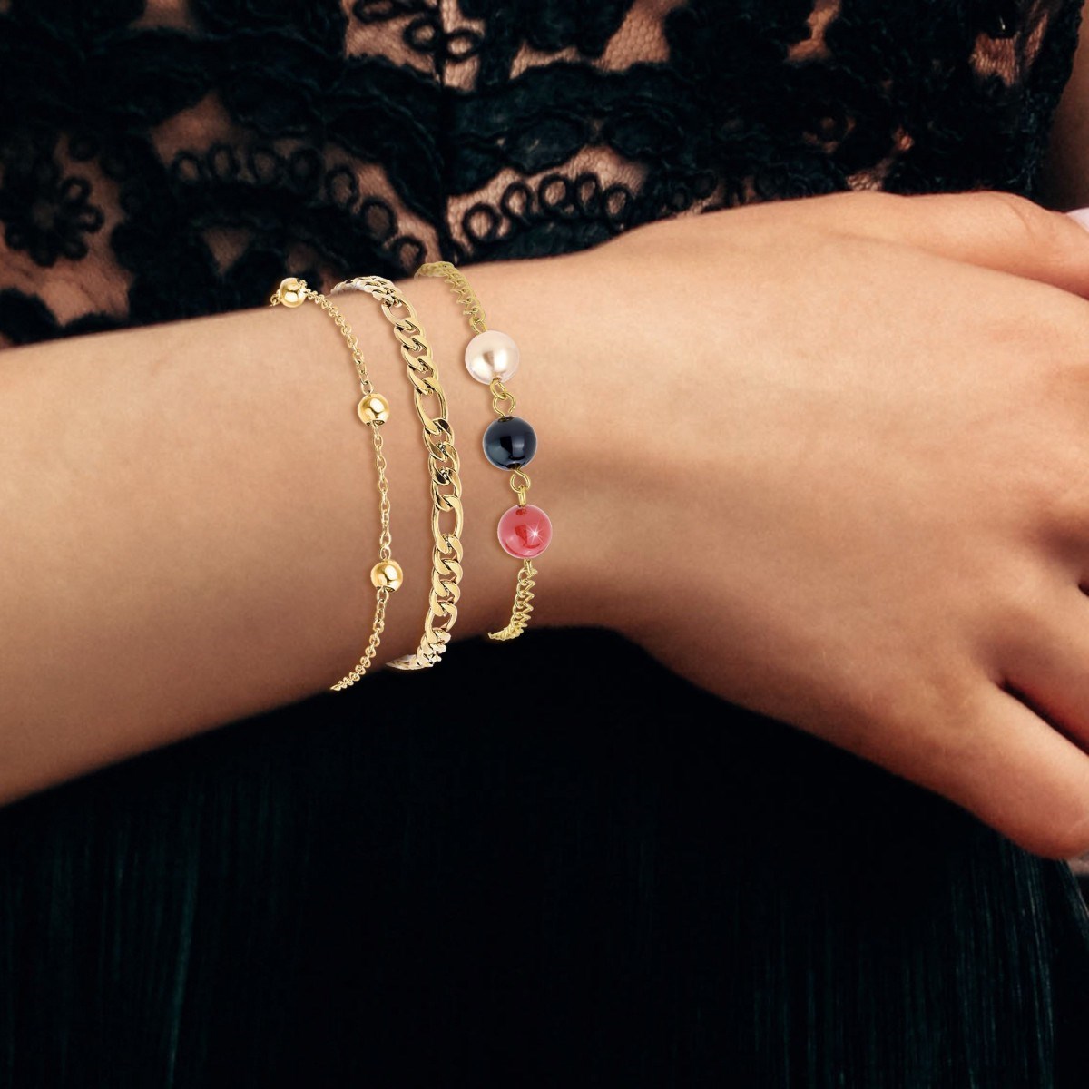 Lot de 3 bracelets SC Bohème en Laiton Finement doré orné de perles scintillantes