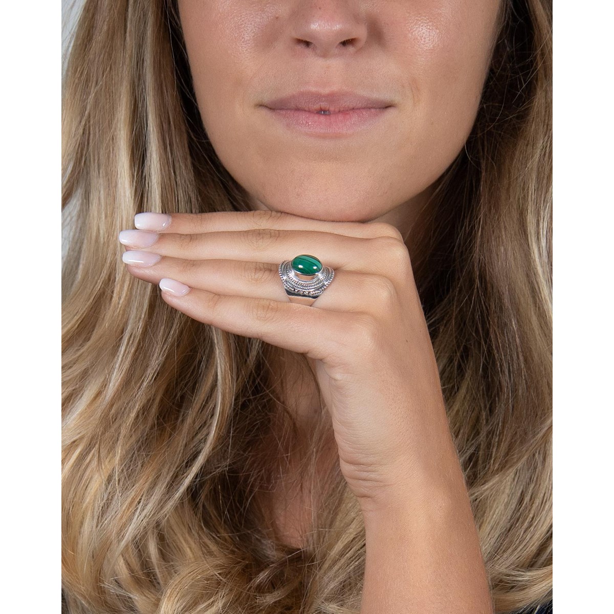 Bague en Argent Massif 925 avec Pierre Malachite Ovale - Bijou Fait Main | Aden