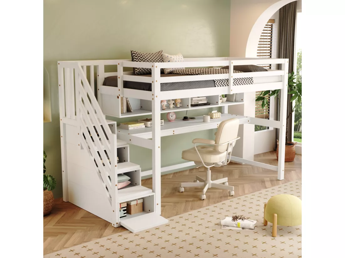 Lit mezzanine en bois - 90x200cm - avec escalier de rangement + bureau + sommier à lattes - Blanc