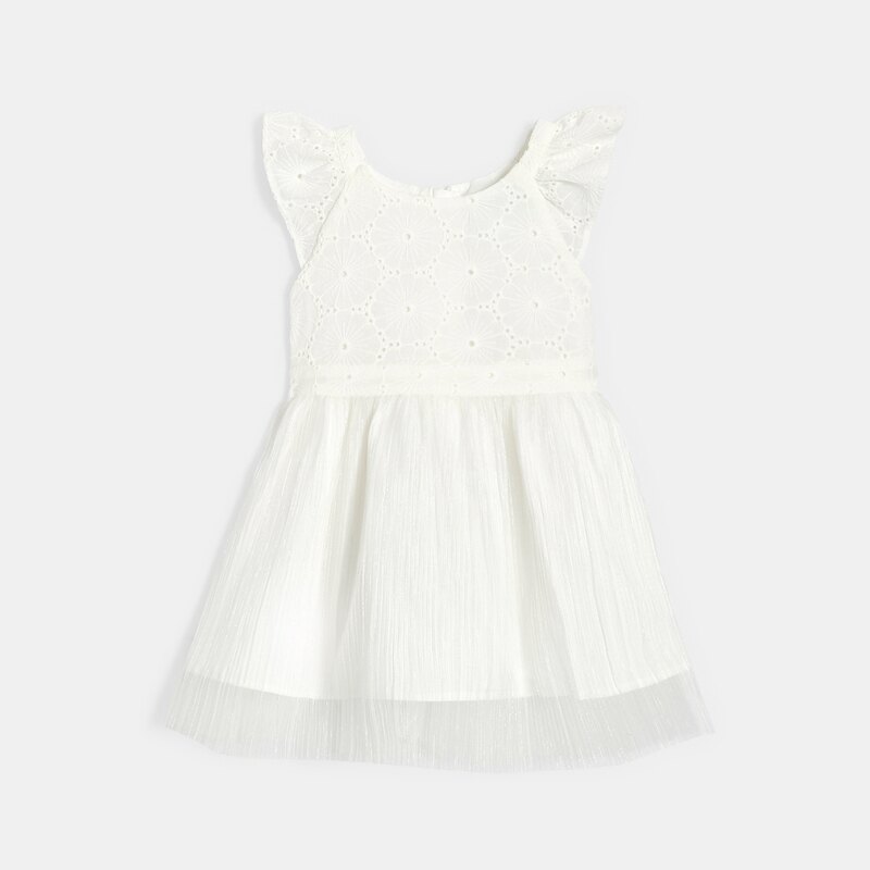 Robe chic bi-matière dentelle et plissé blanc bébé fille Beige