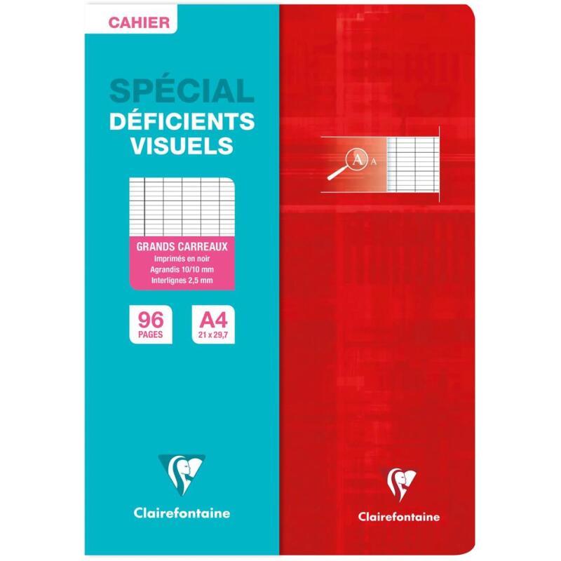 Cahier piqué spécial déficients visuels A4 96 pages grands carreaux 2 ,5mm agrandis 10x10 - Assortis