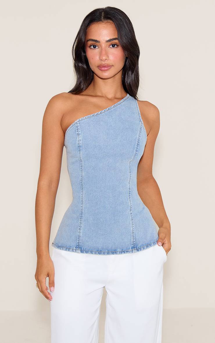 Light Blue Wash Haut En Denim Petite Asymétrique Dos Ouvert