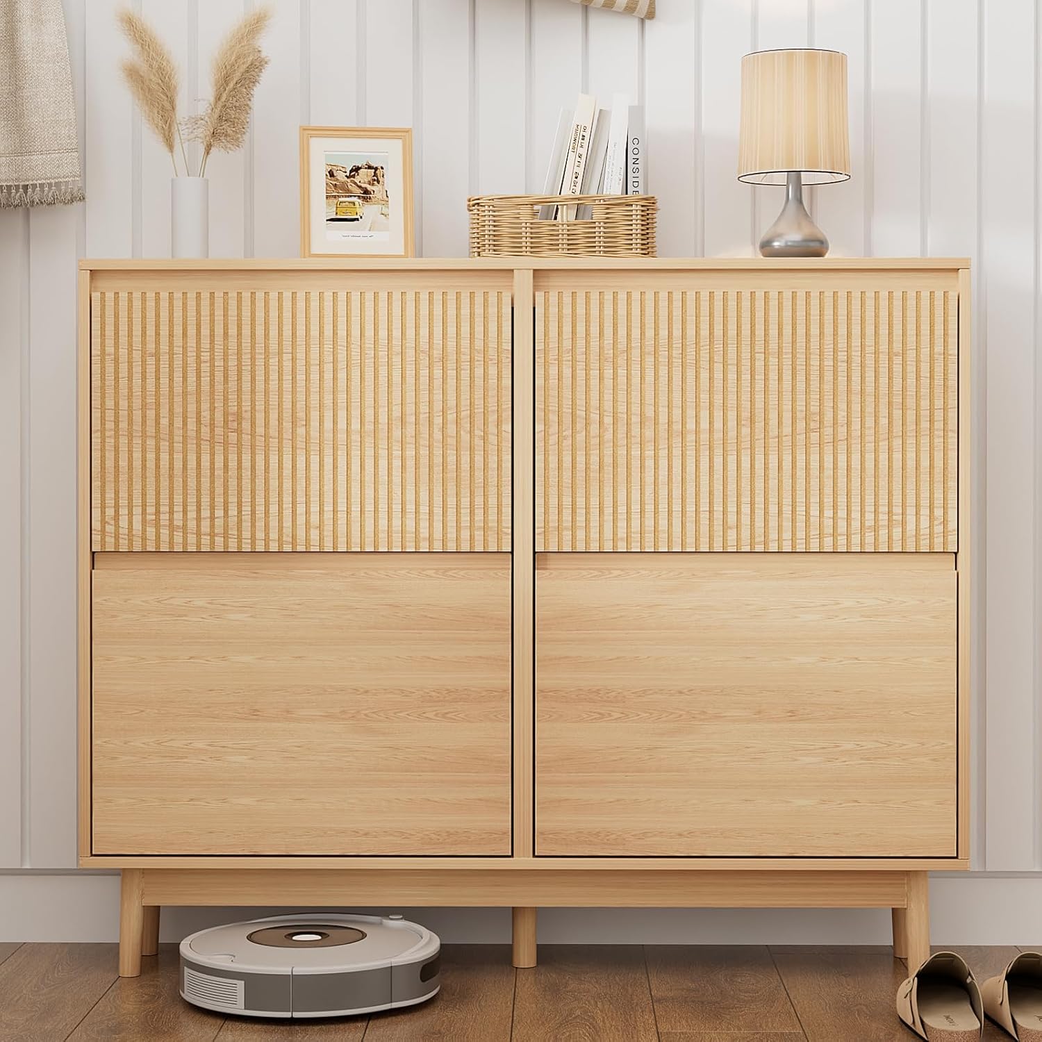 VOWNER Schuhschrank mit 4 Klappen, Versteckter Schuhschrank Schmal mit Flip Schubladen, Schuhregal Eingang für 16-28 Paar Schuhe, L120xT23.8xH98 cm