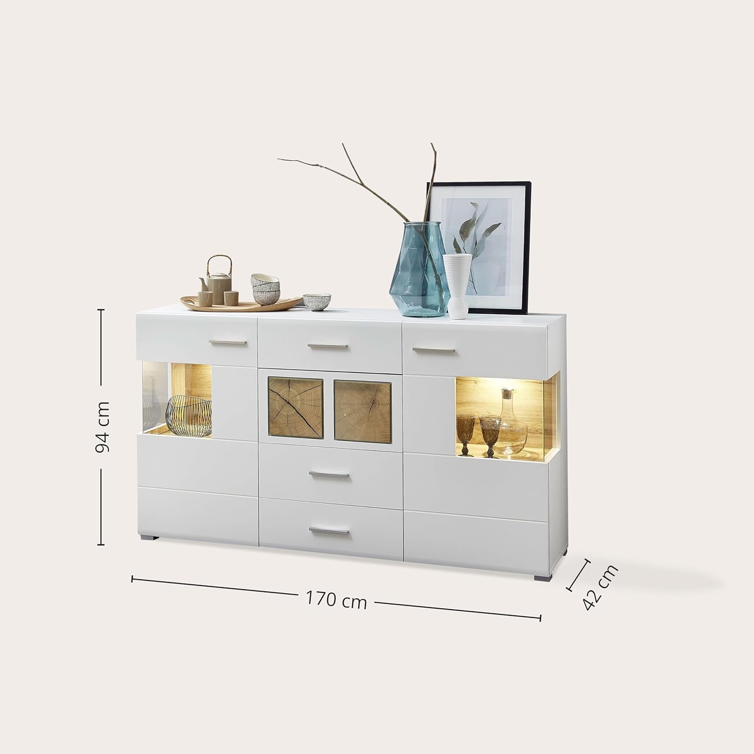 Stella Trading Fun Plus Sideboard weiss mit schönen Hirnholz-Applikationen - Moderne Kommode inkl. LED Beleuchtung - 170 x 94 x 42 cm (B/H/T)
