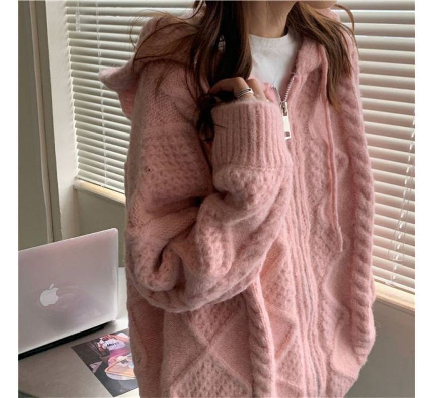 aistera - Effen, losse gebreide hoodie met ballonmouwen en rits