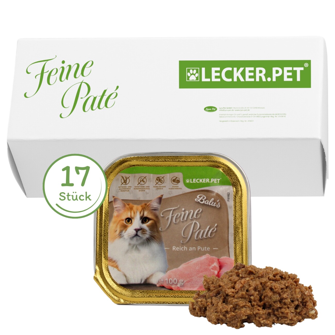 Lyra Pet Lecker.Pet Balu's Feine Paté Reich an Pute Katzenfutter Nassfutter Vollnahrung 17x100 g