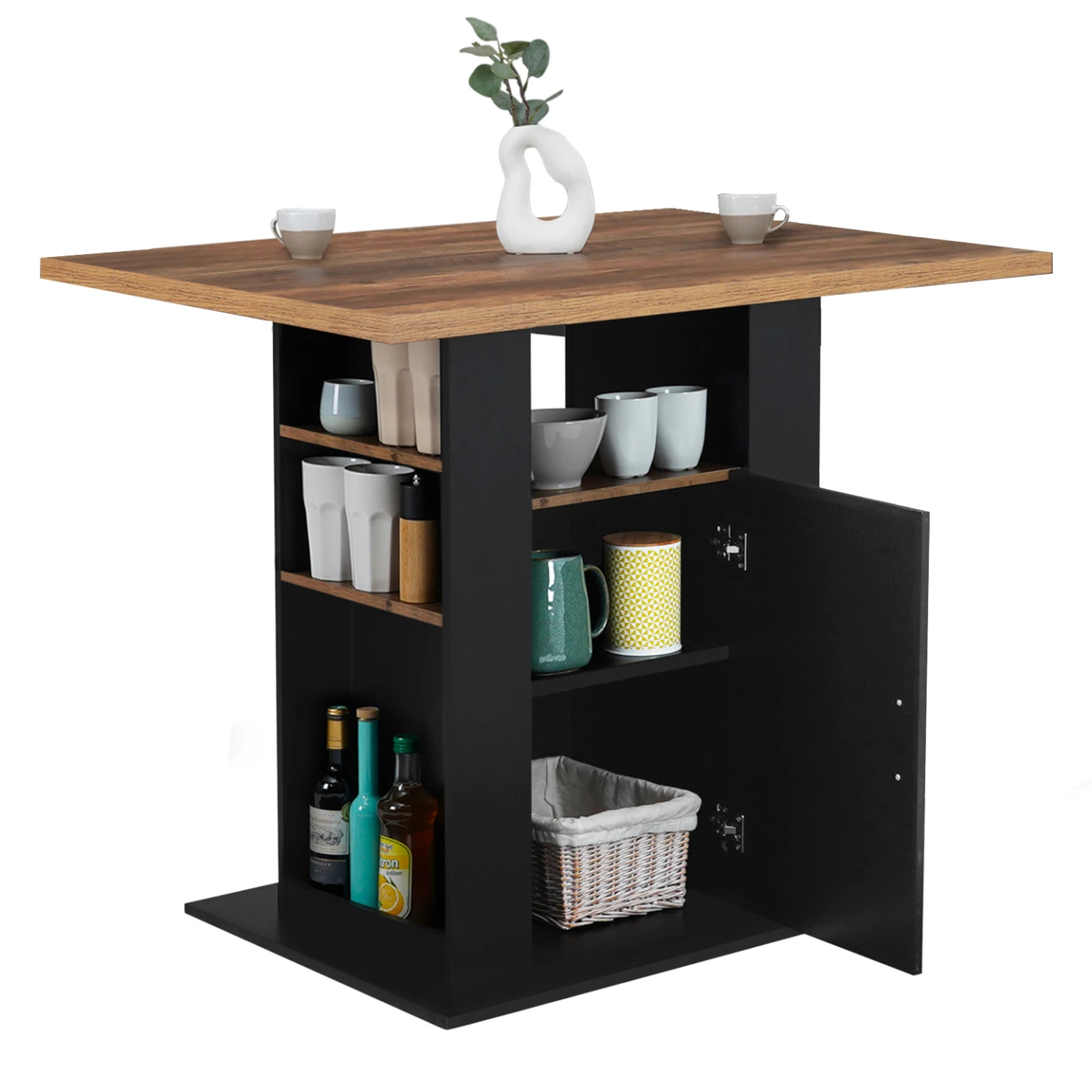 Ilot central UGO 110 cm bois noir et effet bois foncé HAWKINS avec rangements