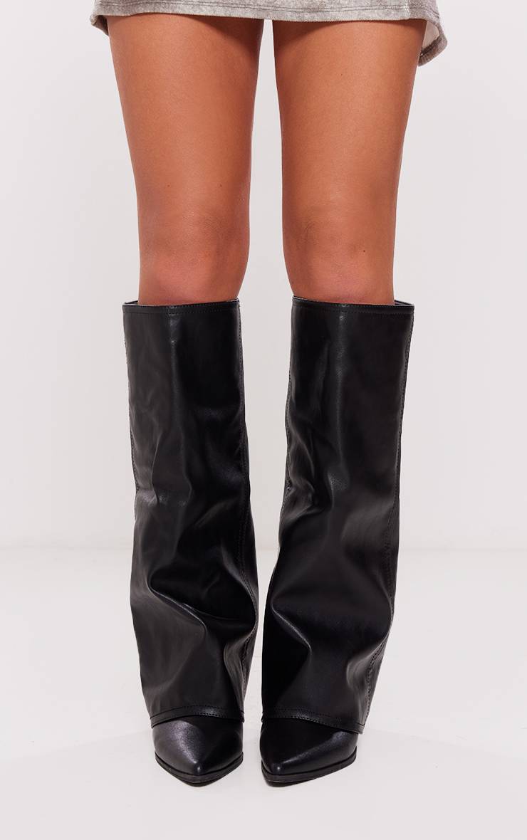 Noir Bottes Western Coupe Large En Synthétiquecuir À Talon Bloc Montantes Au-dessus Du Genou Avec Revers