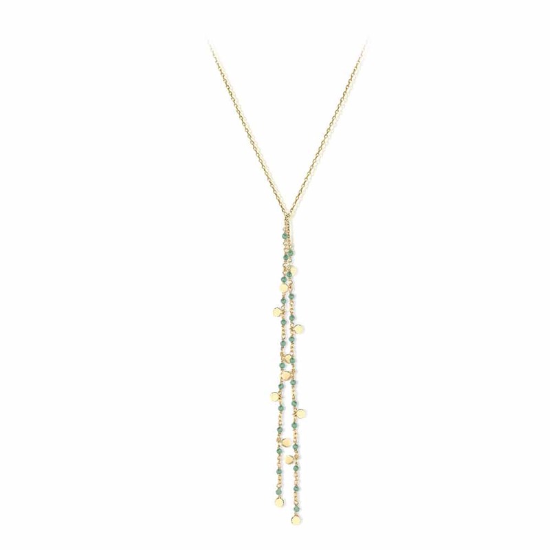 Collier Cravate Argent Doré Petites Perles Pampilles Et Aventurine