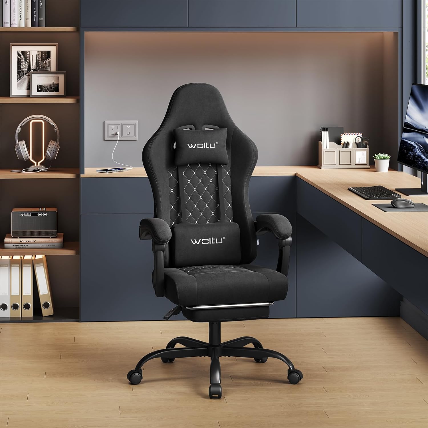 WOLTU Gaming Stuhl mit Massagefunktion, Computerstuhl Ergonomisch, Taschenfederkissen, Lendenmassage, Kopfkissen, Fußstütze, Drehstuhl, 150 kg, Tech-Stoff, Schwarz+Weiß