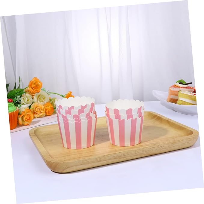 (50er Set) Einweg Papier Cupcake Förmchen Muffin Form Gestreifte Backform - Rosa / Weiss
