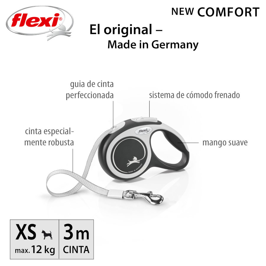 Guia extensível Flexi New Comfort para cães, cor cinza.