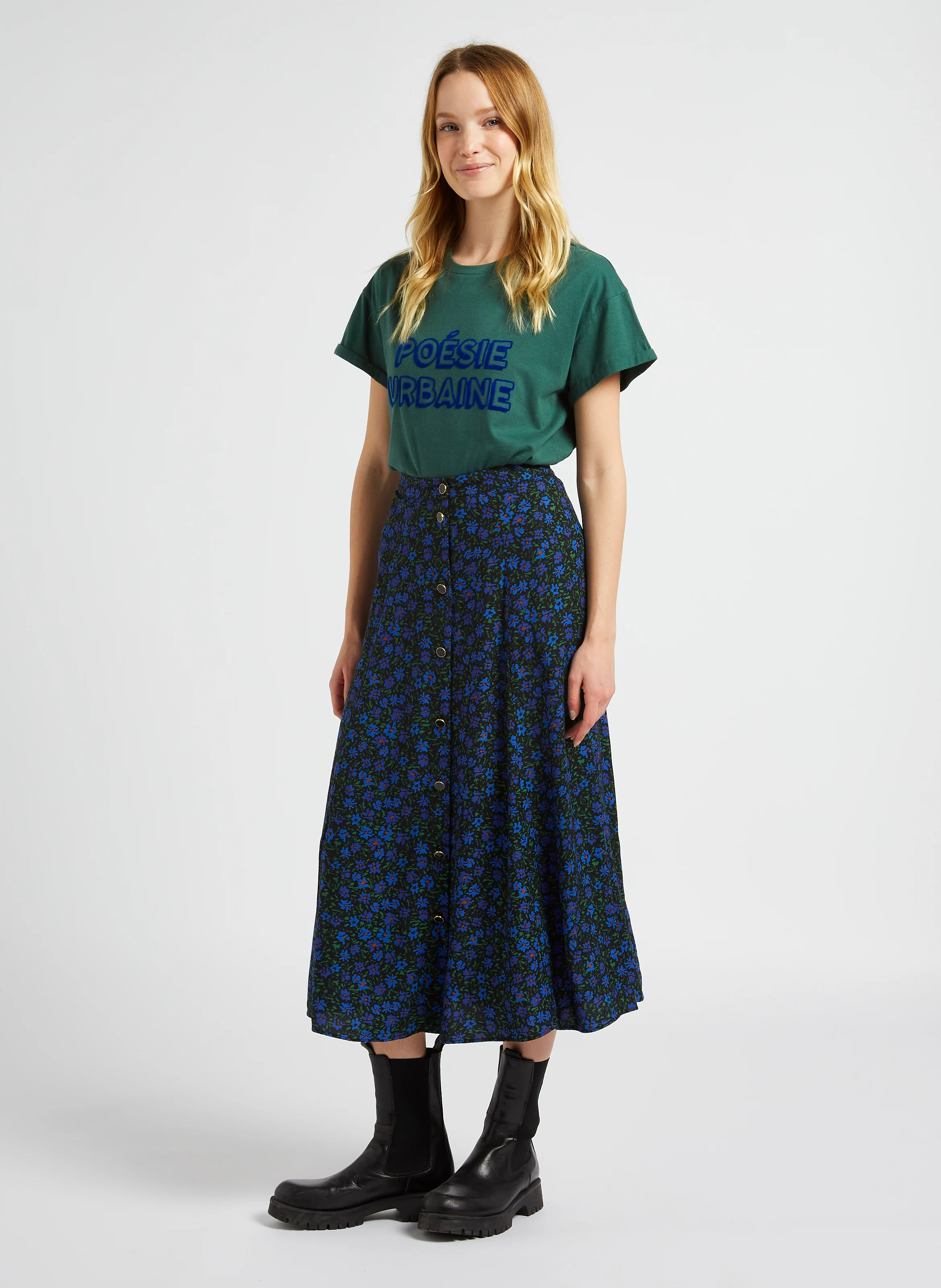 Tee-shirt droit col rond sérigraphie velours en coton| Vert
