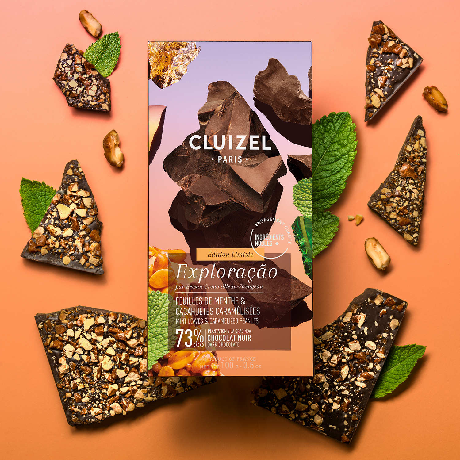 Tablette de chocolat noir Exploraçao 73% - Feuilles de menthe & cacahuètes caramélisées