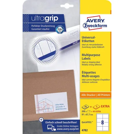 Avery Zweckform 4782 Universal-Etiketten,A4 mit ultragrip,97 x 67,7 mm, 30 Bogen/240 Etiketten, weiß