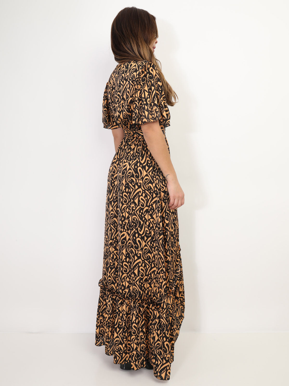 Robe longue cache-cœur à volants- Noir