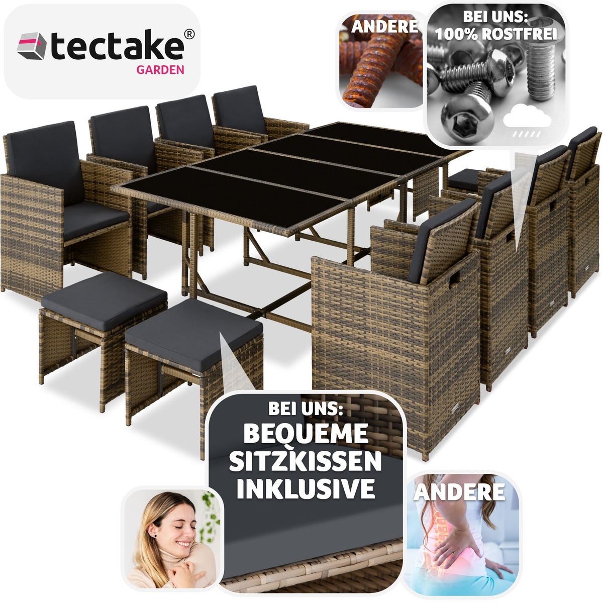 tectake Palma rotan zitgroep voor 8 tot 12 personen, inklapbaar, inclusief beschermhoes