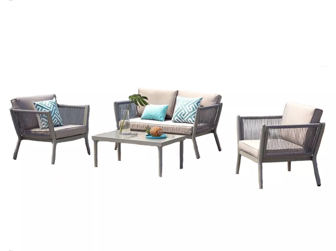 Salon jardin 4 places en alu et corde gris clair ANAHMA