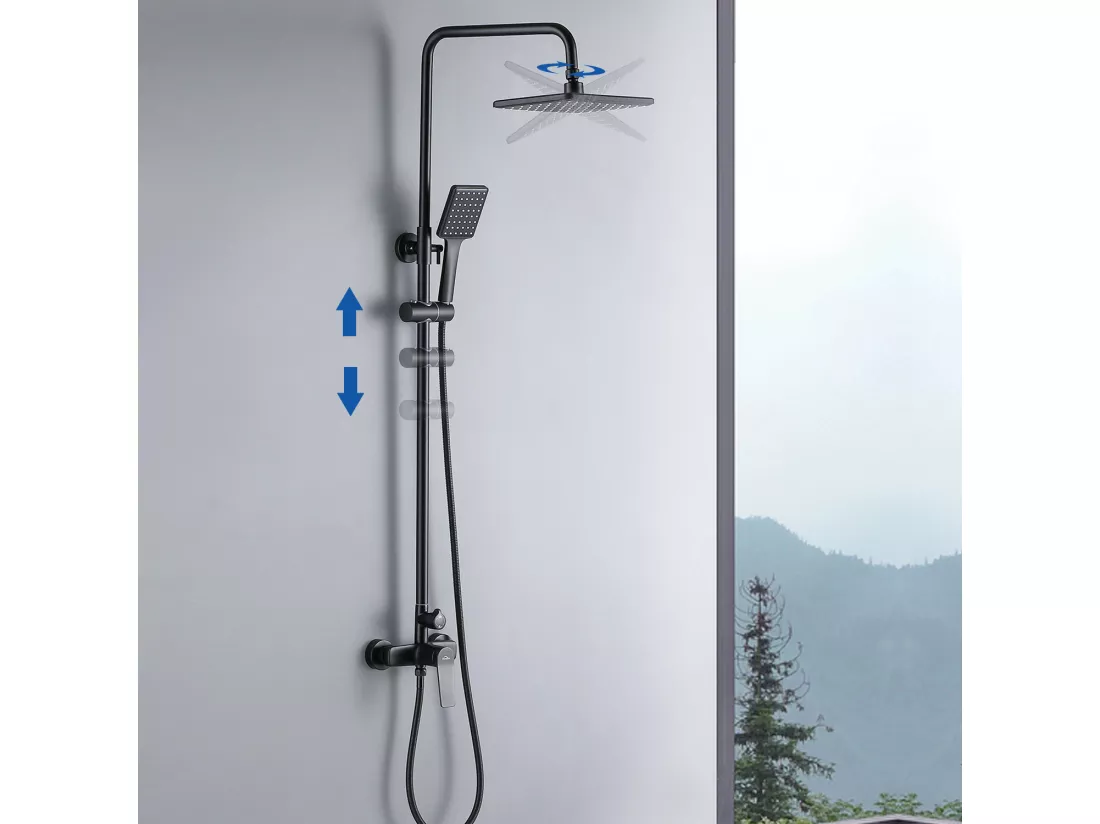 Colonne de Douche Noir avec Robinetterie Ensemble de Douche Hauteur Réglable 2 Fonctions avec Douche de Tête et Douchette à Main