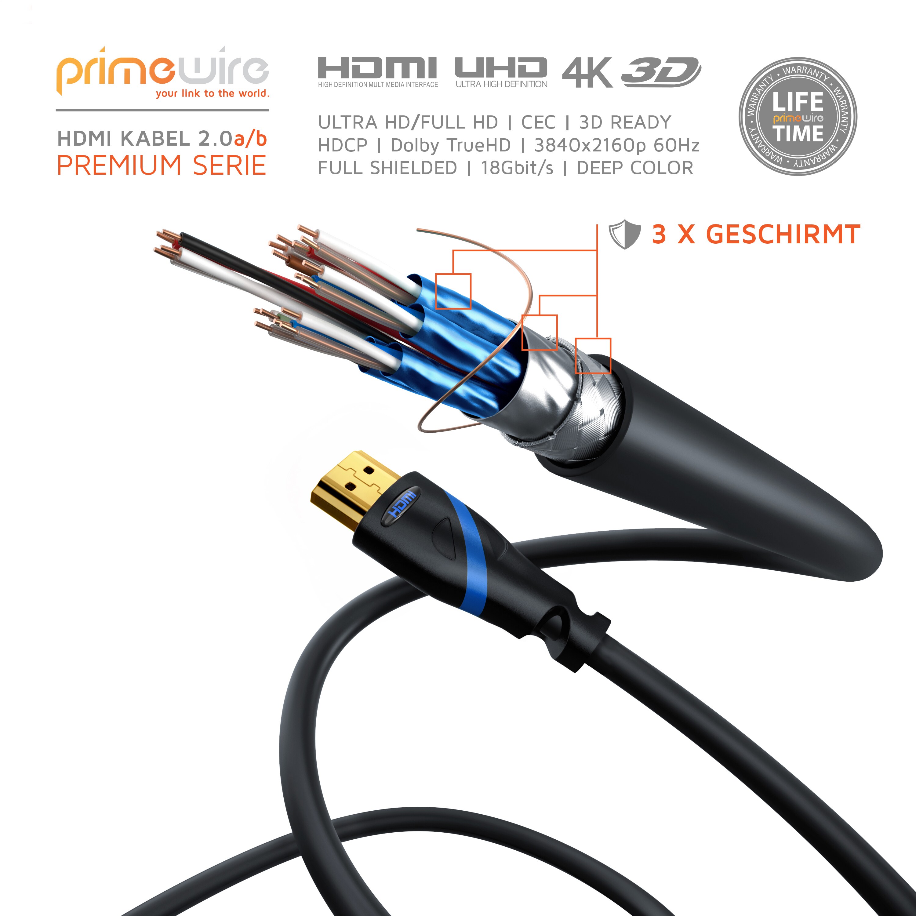 Primewire 8k HDMI-Kabel 2.1, Ultra HD Highspeed 4K 60Hz, Full HD, 3D, ARC, 18 GBit/s, HDMI Typ A - 0,25m