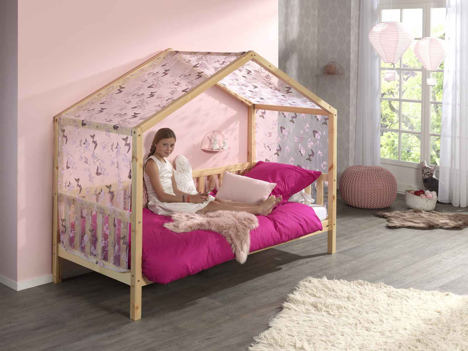 Hausbett DALLAS - natur - Kiefer massiv - 90x200 cm - Textilhimmel