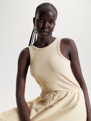 Vestido sem mangas com cordão ajustável e modelagem evasê