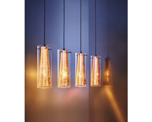 Hanglamp, 4-lichts, LxBxH 90,5x36x110 cm, zwart, helder/goud glas