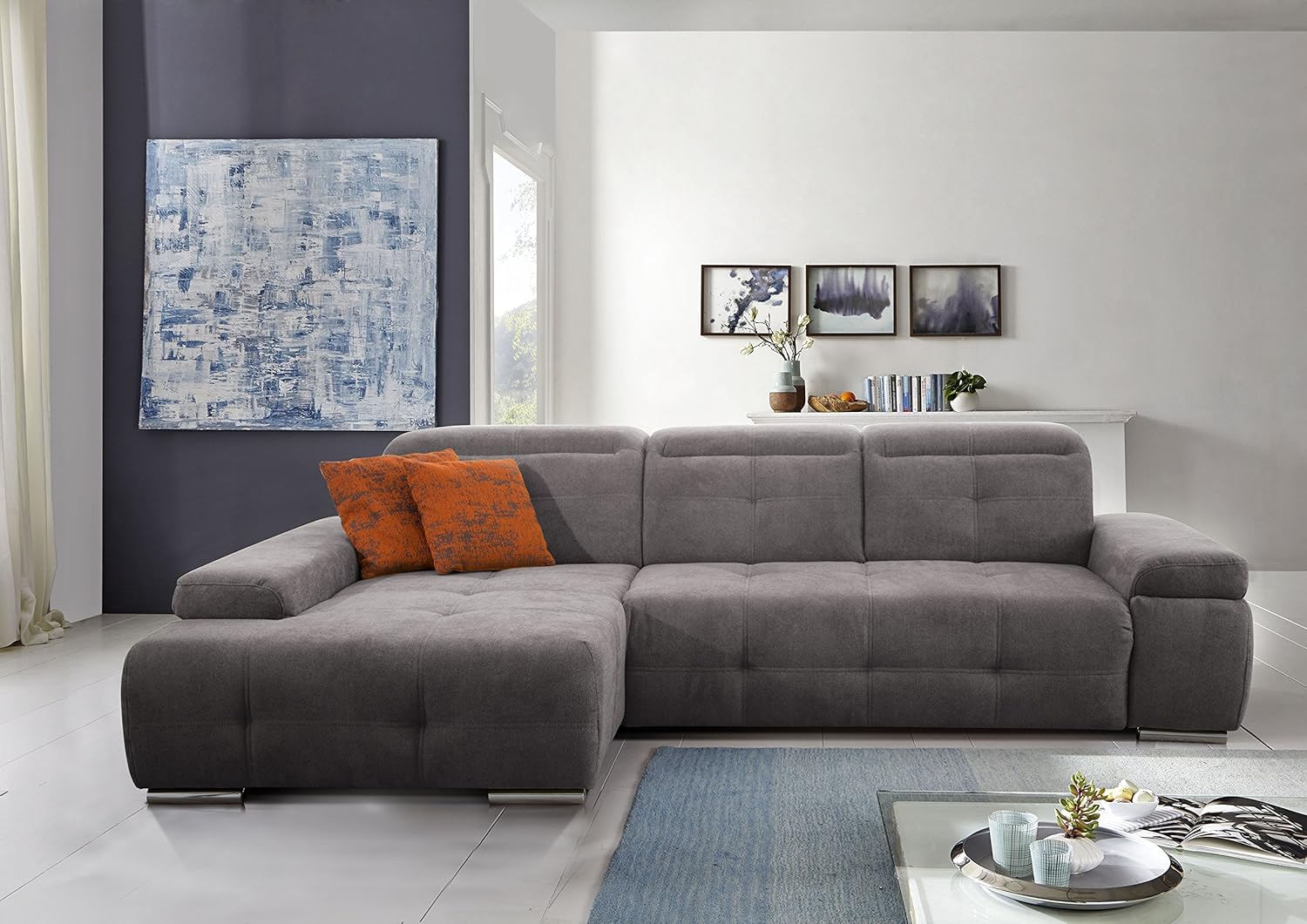 CAVADORE Ecksofa Mistrel mit Longchair XL links / Große Eck-Couch im modernen Design / Inkl. verstellbaren Kopfteilen / Wellenunterfederung / 273 x 77 x 173 / Kati Fango