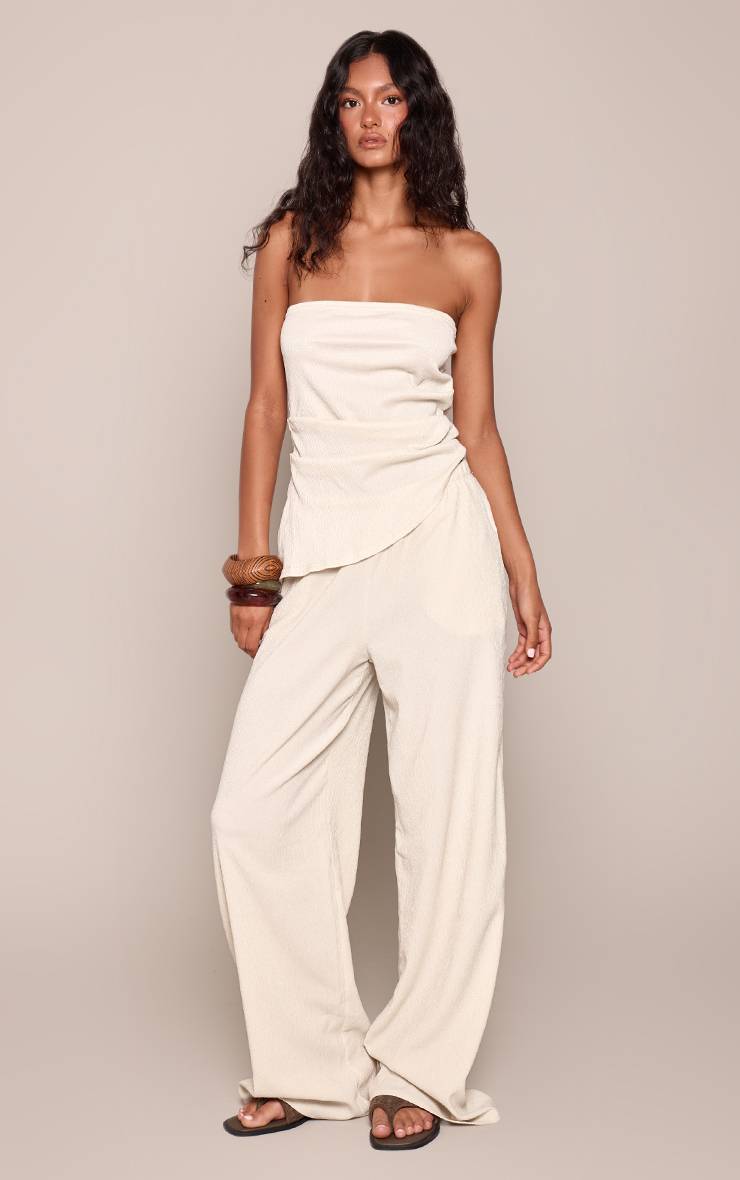 Crème Ensemble Coordonné Pantalon Large Texturé À Taille Élastiquée