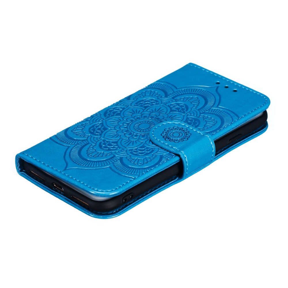 iPhone SE (2022/2020) / 8 / 7 Leder Tasche Wallet - Mandala Flowers Imprint in Blau