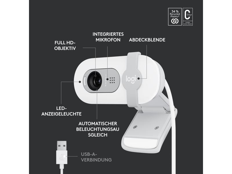 Logitech Brio 100 Weiss Full HD-Webcam mit integrierter Abdeckblende