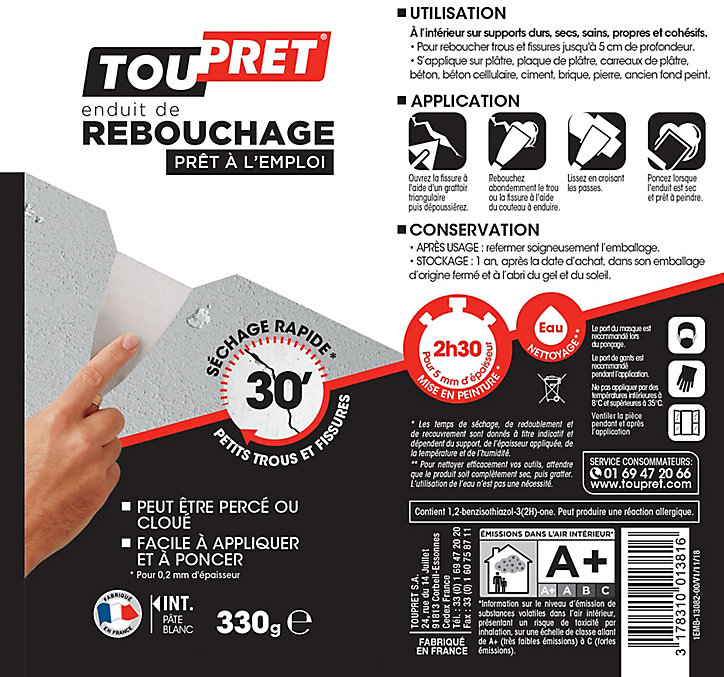 Enduit de rebouchage séchage rapide prêt à l'emploi Toupret 330g