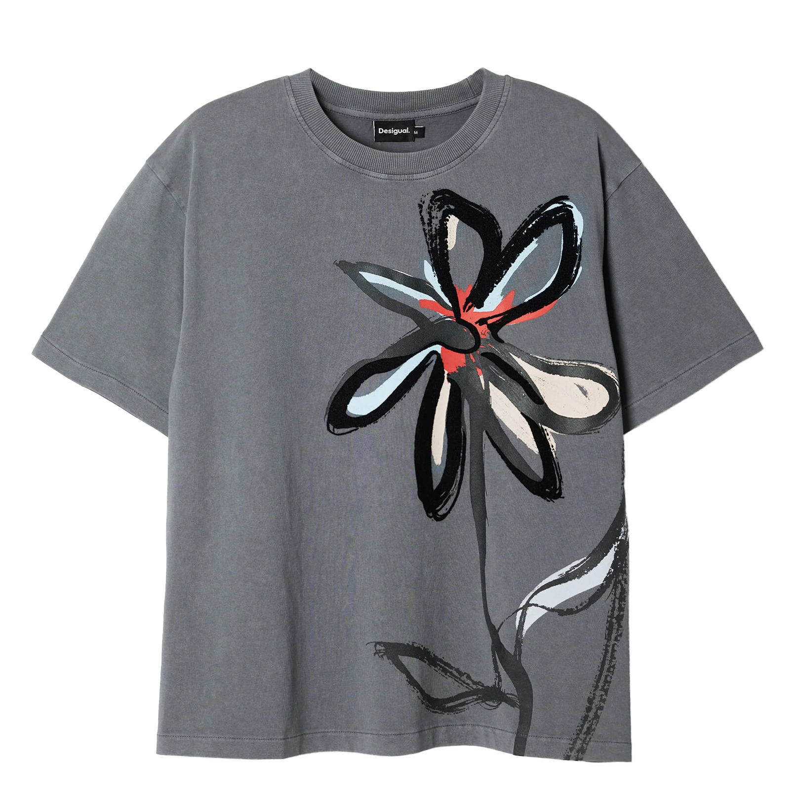 Tee-shirt droit col rond en coton sérigraphié | Noir
