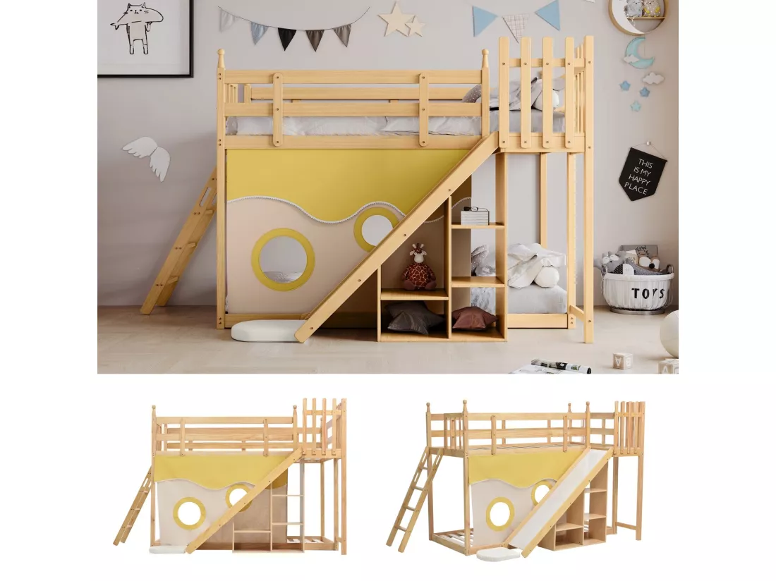 Lits superposés 2 x 90 x 200 cm avec rangements, escaliers, clôtures, rideau, toboggan - cadre en pin - Naturel et blanc