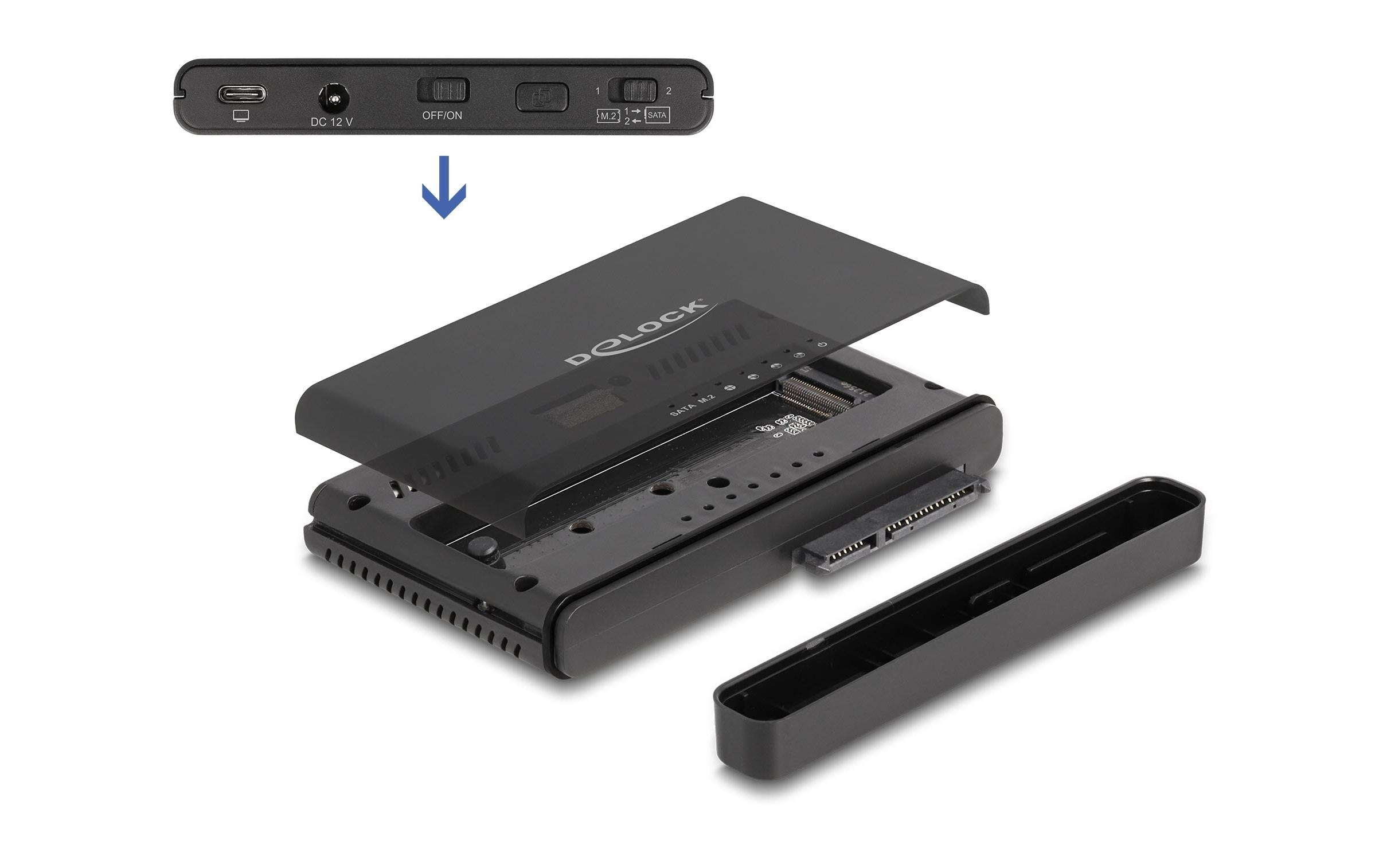 Konverter USB-C für 1x M.2 NVMe SSD +1x SATA SSD/HDDDelock USB Type-C Konverter für 1 x M.2 NVMe SSD + 1 x SATA SSD / HDD mit Klon Funktion