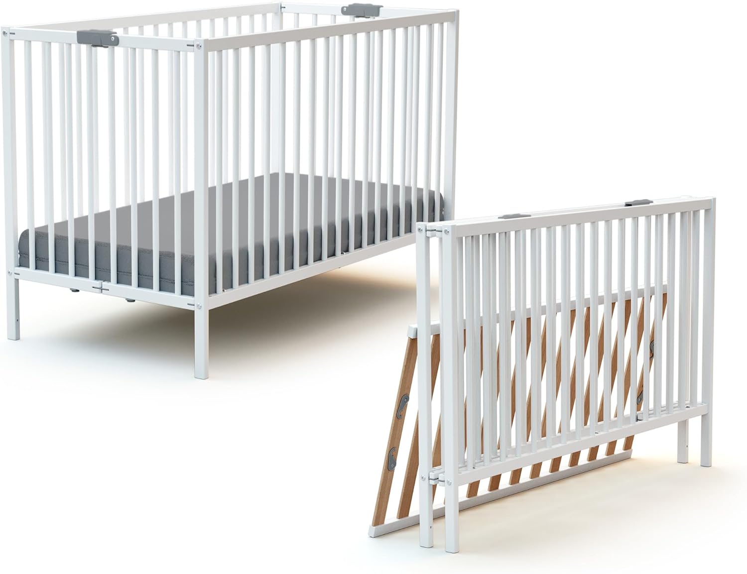 WEBABY - Lit bébé pliant 60x120cm Blanc | Bois massif | Dès la naissance |Confort de sommeil | Sommier à lattes | Compact | Transportable | Pliable |Gain de place | Lit de voyage