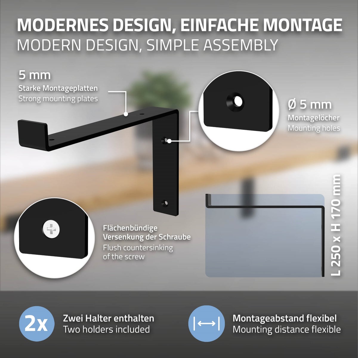 ML-Design 4-delige plankdragerset, 25x4x14,5 cm, zwart, metaal, 10-inch plankdragers, industriële plankhoeken, wandplankdragers, 90-graden wandbeugels, L-vormige wandplankdragers, met schroeven