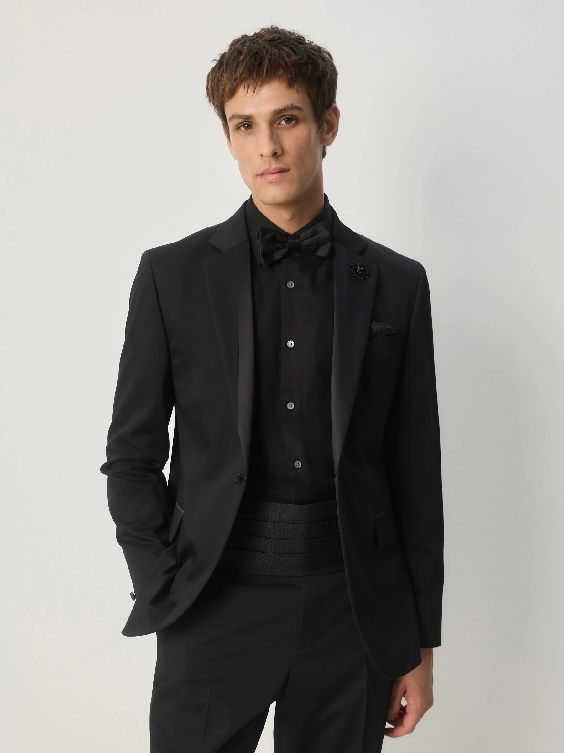 Zwart - Slim Fit Tuxedo Suit Jacket with Brooch