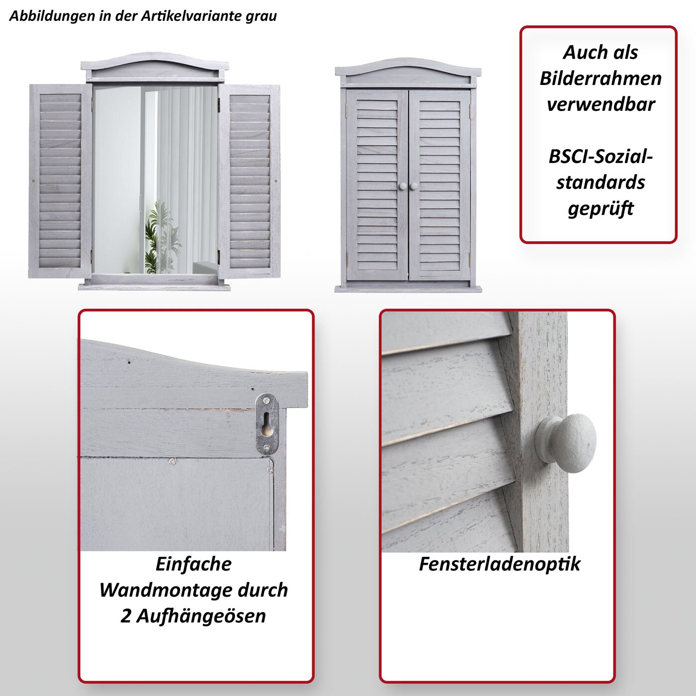 Wandspiegel Badspiegel Badezimmer Spiegelfenster mit Fensterläden, 71x46x5cm ~ shabby grau