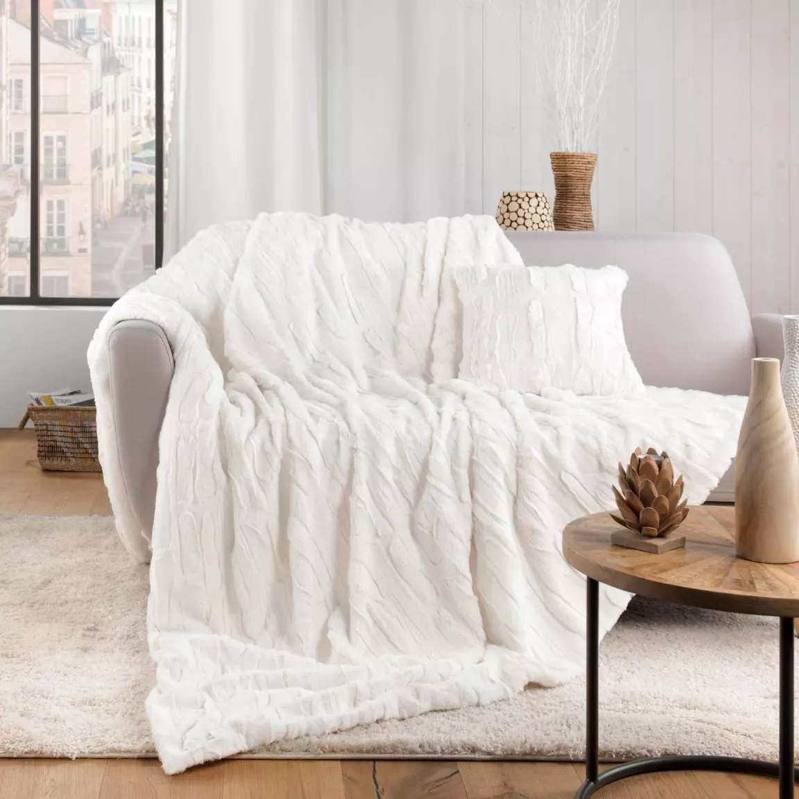 Plaid fausse fourrure (125 x 150 cm) Foxy Ecru
