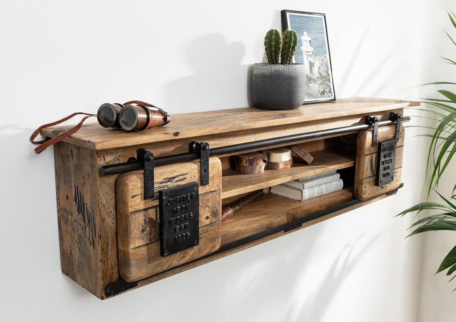 MASSIVMOEBEL24.DE Railway Wandregal 130x25x35 Mango mit 2-türig Zwischenboden, Farbe:Natur lackiert, Größe:130x25x35 cm (BxTxH)