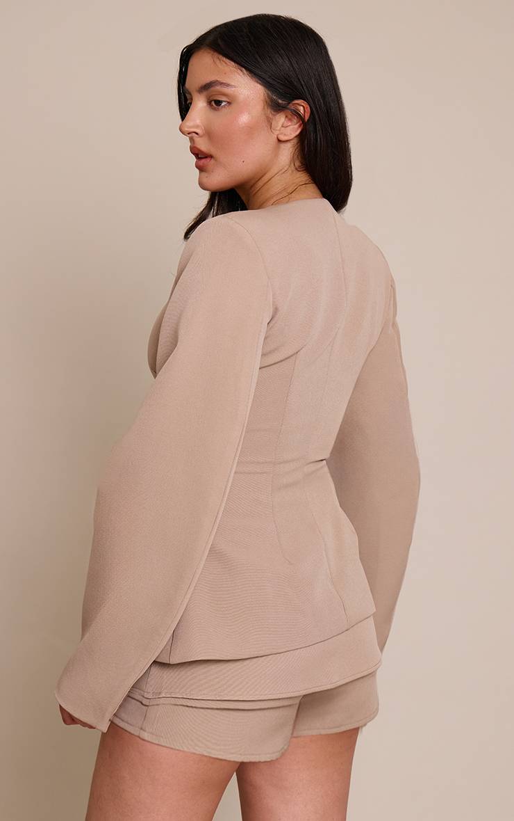 Taupe Ensemble Blazer Cintré À Taille Froncée Et Manches Cocon Avec Boutonnage