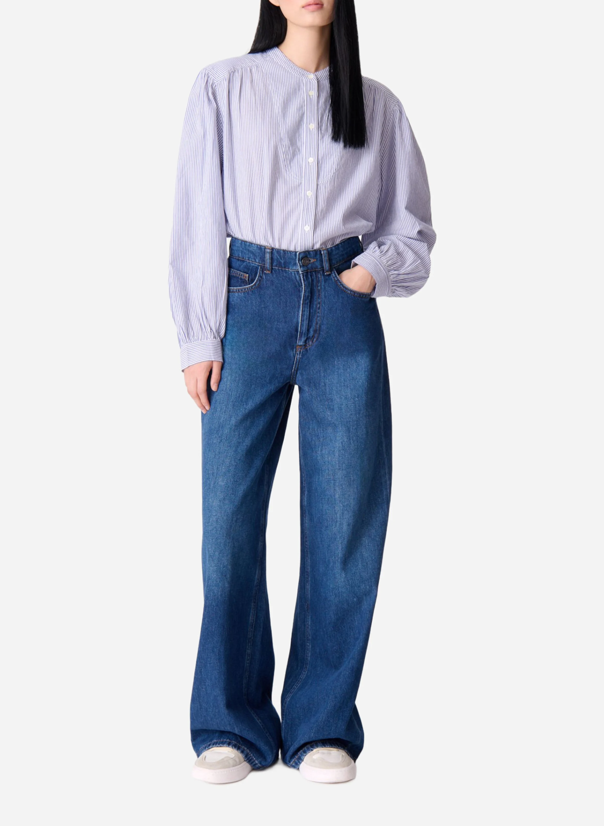 Blouse droite rayée en coton| Bleu