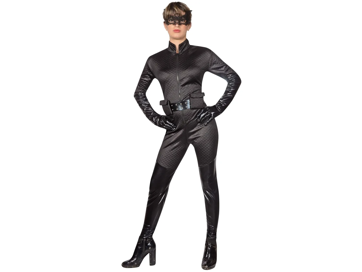 Catwoman-kostume (Kjole, kappe, bælte, maske og stofstøvler) - Medium