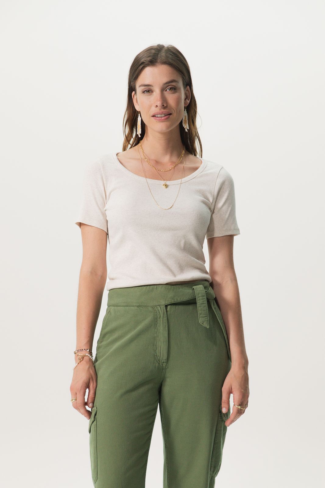 Beige basic stretch rib t-shirt