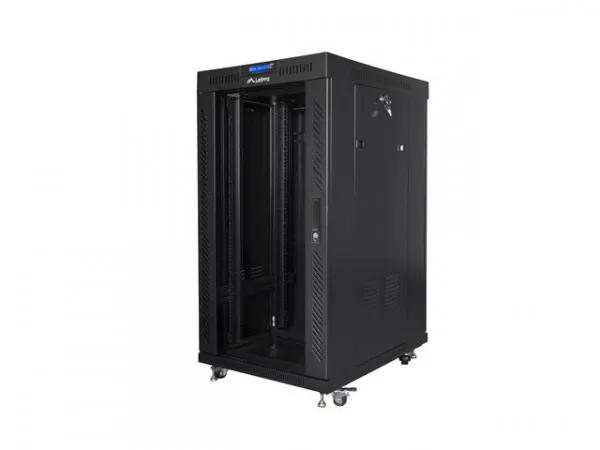 Lanberg FF01 series - Rack kabinet - 600 x 800, fladpakke, med glasdør, LCD - med LCD skærm, termostat, 4 køleblæsere - fritstående - sort, RAL 9004 - 22U - 19