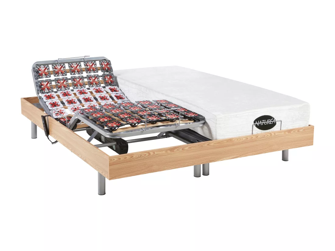 Lit électrique de relaxation tout plots + matelas mémoire de forme et bambou - 2 x 80 x 200 cm - Chêne - LYSIS III de NATUREA