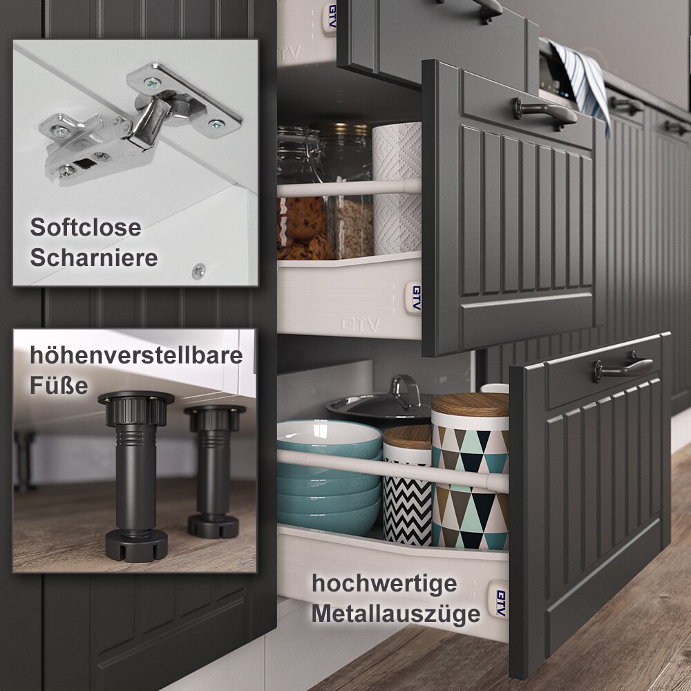 Vicco Küche Fame-Line 300 cm Küchenzeile Landhaus Küchenblock Einbau Anthrazit