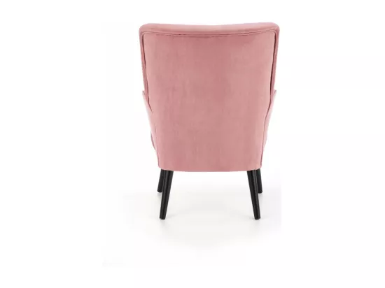 Fauteuil contemporain en velours rose avec haut dossier et pieds noirs en bois massif CYRUS